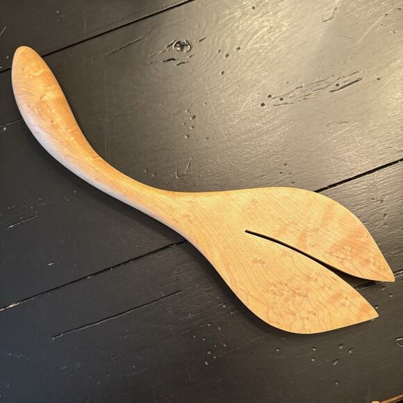 Maine Birdseye Maple Hand Carved Salad Serving Fork & Spoon 11" - Picture 2 of 8